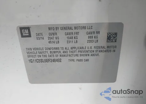 2014 Chevrolet Malibu 1Lt z USA, uszkodzony, nr VIN 1G11C5SL6EF248492